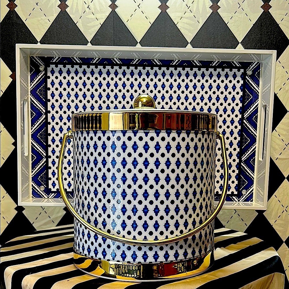 Blue & White Ice Bucket, Lid & Tray Set with Gold Trim | Bar Cart Glam